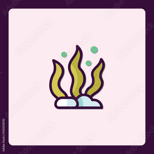 Underwater plant life icon, stylized seaweed or kelp with bubbles, marine flora