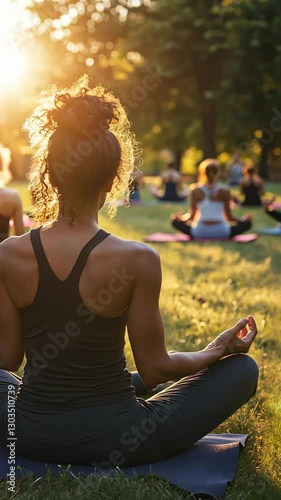 A group gathers in a peaceful park during sunset for a yoga session. Participants practice poses while enjoying the warm glow of the setting sun, embracing calmness and connection.