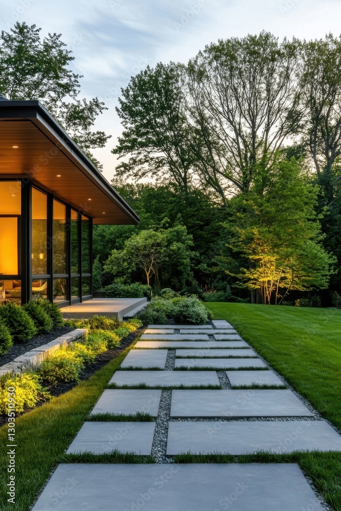 A sleek, modern walkway gracefully guides visitors toward a contemporary house, all enveloped by vibrant greenery as the soft light of early evening casts a warm glow A sleek, modern walkway gracefully guides visitors toward a contemporary house, all enveloped by vibrant greenery as the soft light of early evening casts a warm glow