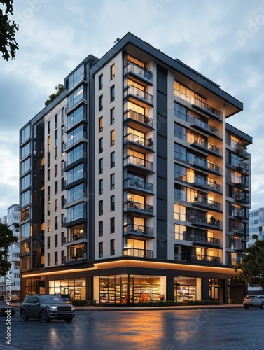 Modern apartment building with closed grocery store on ground floor , urban, residential, architecture, cityscape, facade