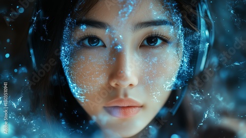 Woman Engages With Virtual Reality Technology in a Modern Environment During ...