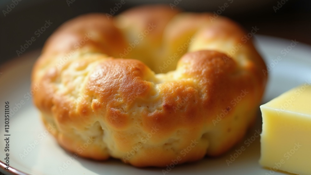   Close-up of a warm fluffy popover with golden brown crust and hollow interior., ultra detailed, 8k resolution, HDR, professional