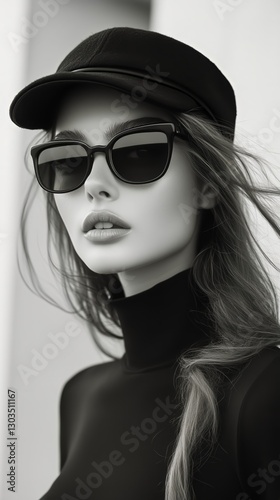 Model Poses in Black Cap and Sunglasses With a Stylish Expression Indoors