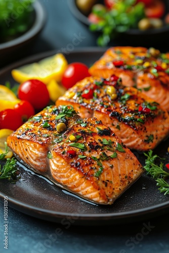 Grilled Salmon Fillets Served With Fresh Herbs and Vibrant Vegetables on a Da...