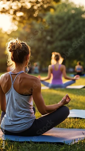 Participants engage in a calming yoga session during sunset in a serene park. The peaceful atmosphere promotes relaxation and mindfulness in nature.