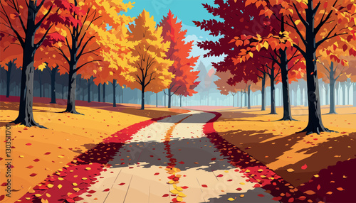 Autumn forest path covered in colorful fallen leaves