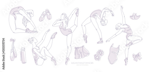 A set of ten line-art ballet poses and dance accessories, featuring minimalist designs of beautiful ballerinas in a pink palette on a white background