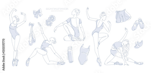 A set of ten line-art ballet poses and dance accessories, featuring minimalist designs of beautiful ballerinas in a blue palette on a white background