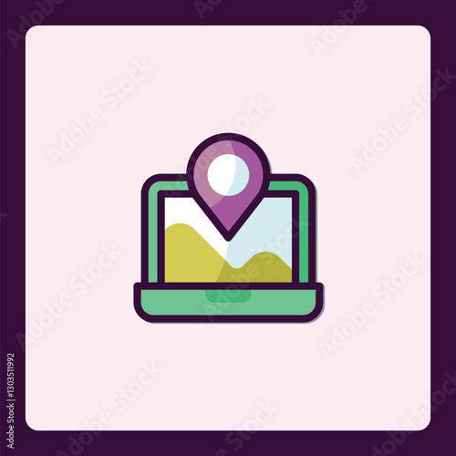 Laptop displaying digital map with purple pinpoint indicating geolocation