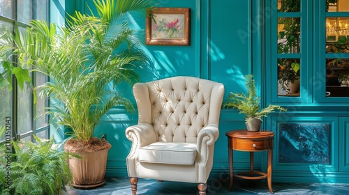 Cozy Indoor Reading Nook With Rattan Chair and Plants in the Sunlight