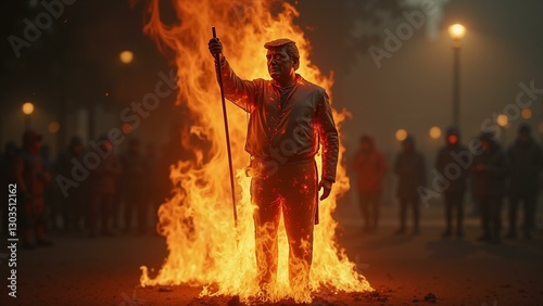   A detailed 8K rendering of an immolated effigy with a political figure, portraying public dissatisfaction., ultra detailed, 8k resolution, HDR, professional