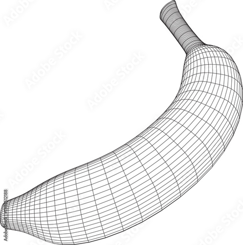 Wireframe 3D model of a banana with a geometric grid pattern, rendered in black and white. Ideal for digital art, design projects, and exploring food-themed concepts with a modern twist