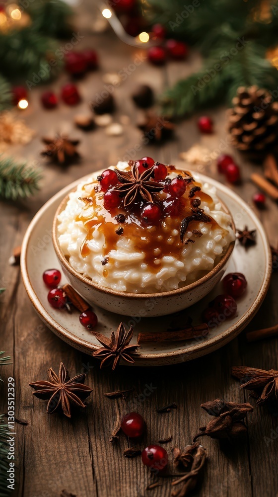 custom made wallpaper toronto digitalFestive bowl of rice pudding topped with berries and spices on a rustic wooden table during the holiday season