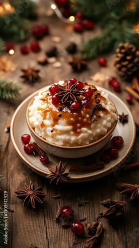Wallpaper Mural Festive bowl of rice pudding topped with berries and spices on a rustic wooden table during the holiday season Torontodigital.ca