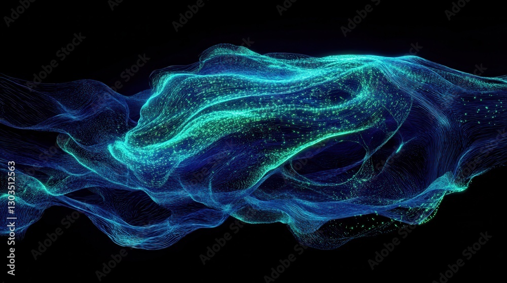 Fototapeta premium Futuristic render of a virtual brain composed of flowing data streams and digital code, glowing in neon blue and green, representing the intersection of artificial intelligence and human cognition