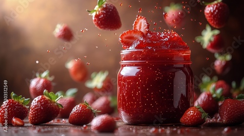 Fresh Strawberries Splash Around a Jar of Homemade Jam in Sunlight