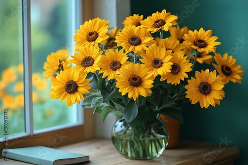 Bright Sunflower Bouquet in a Vase by a Sunny Window With Green Wall in the B...