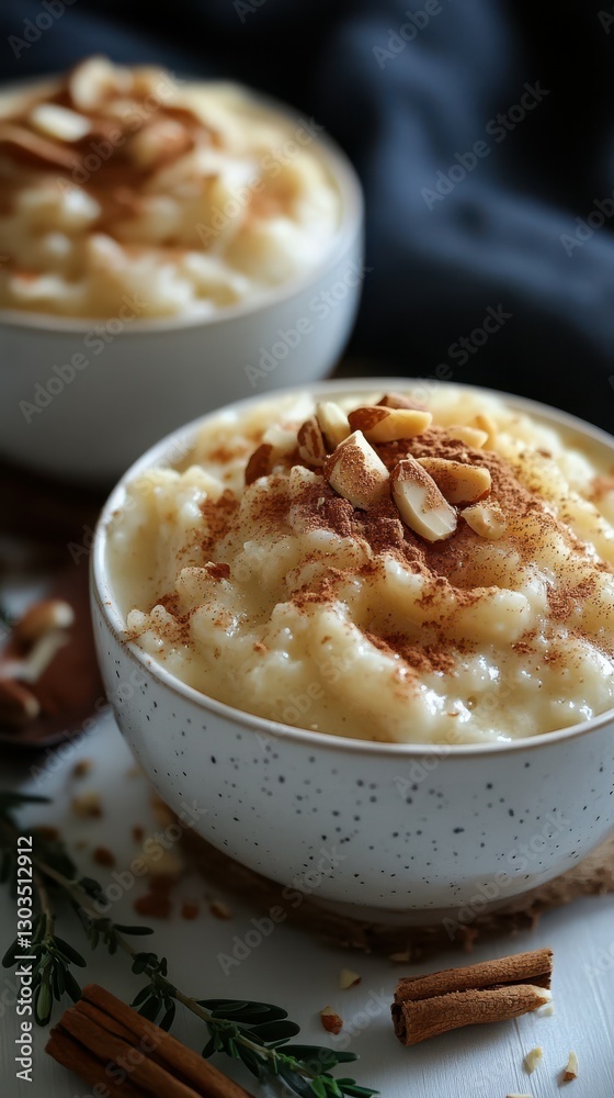 Creamy rice pudding topped with cinnamon and nuts served in elegant bowls for a cozy dessert experience Creamy rice pudding topped with cinnamon and nuts served in elegant bowls for a cozy dessert experience