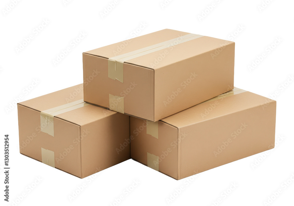 Brown corrugated cardboard boxes stacked together sealed with packing tape isolated on transparent background Brown corrugated cardboard boxes stacked together sealed with packing tape isolated on transparent background