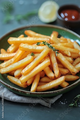 Crispy Golden Fries Served in a Green Bowl at a Casual Dining Setting