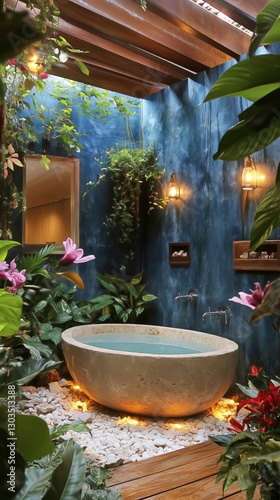 Serene Outdoor Shower Space Surrounded by Lush Greenery at Dusk With Decorati...