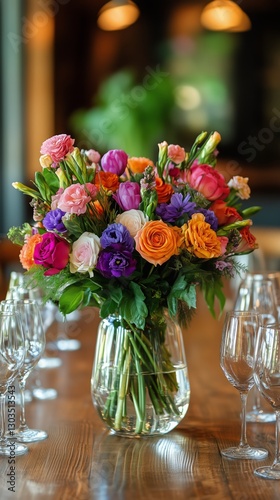 Colorful Floral Arrangement on Dining Table in a Cozy Restaurant During Dayli...