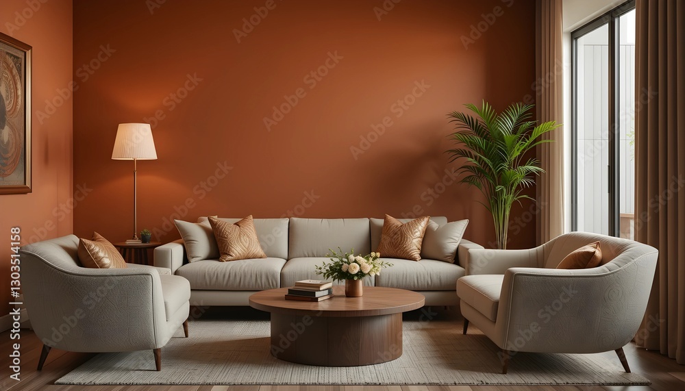 Cozy Lounge Area with Terracotta Wall and Neutral Sofa Cozy Lounge Area with Terracotta Wall and Neutral Sofa