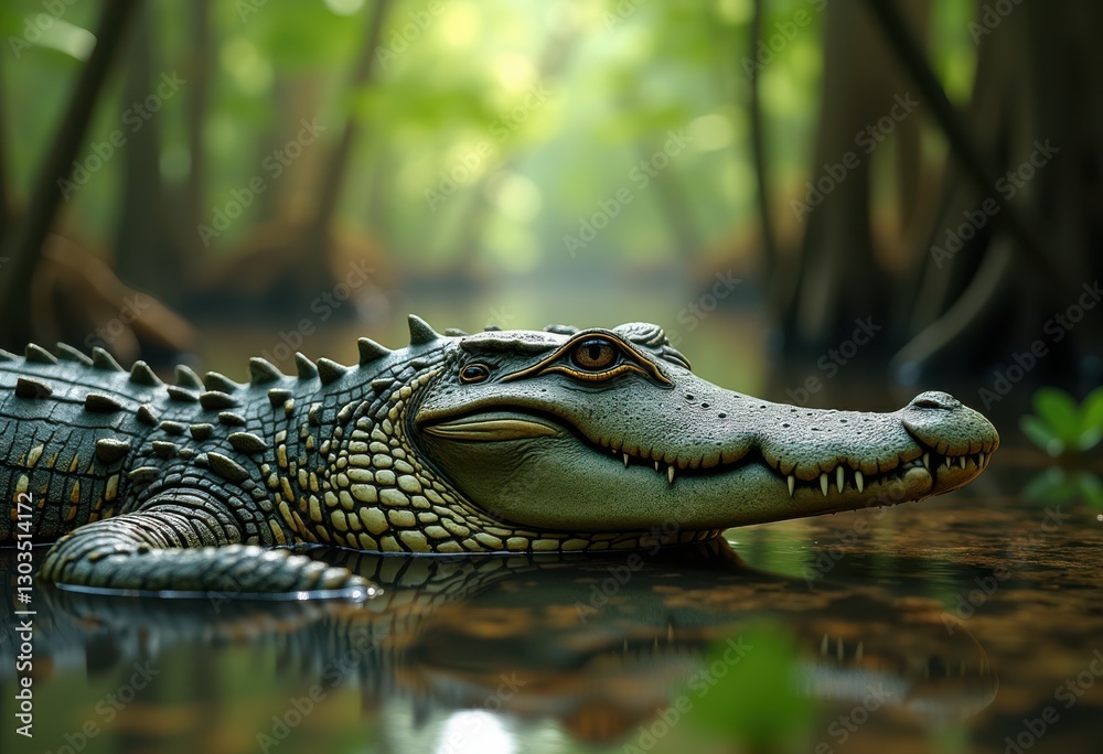 Fototapeta premium detailed close alligator scales showcasing unique texture patterns natural habitat under natural light, wildlife, reptile, animal, color, environment, flora