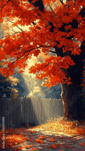 Sunlight Filtering Through Vibrant Orange Leaves in a Serene Forest Setting