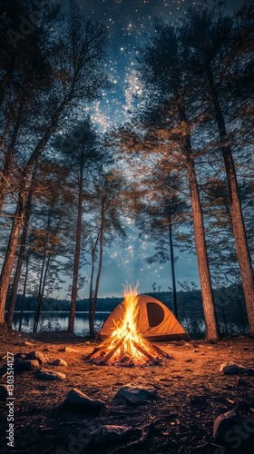 Camping at Dusk With a Warm Campfire and a Glowing Tent in a Tranquil Forest ...