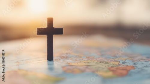Global faith: A symbol of belief resting upon a world map, bathed in soft, hopeful light. A reminder of universal hope and connection.