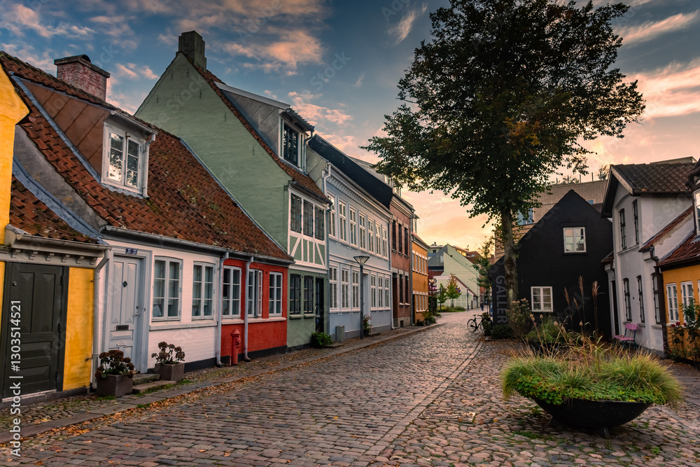 Old village with Andersen House at sunset in Odense, Denmark