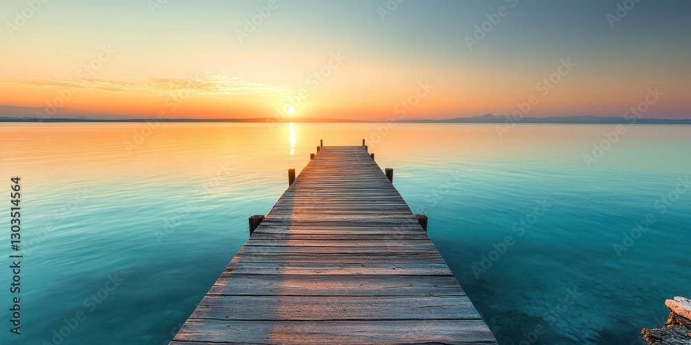 Fototapeta premium Scenic sunrise over tranquil lake with wooden pier extending into still waters, vibrant colors reflecting in the calm surface, nature's serene beauty