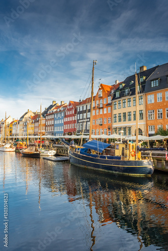 Copenhagen, Denmark, Nyhavn Canal at sunrise with colorful houses