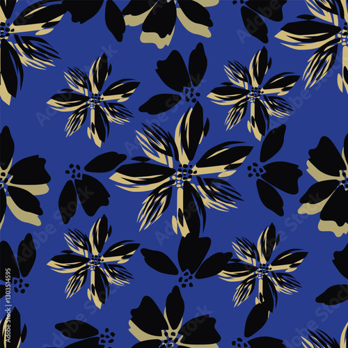Trendy Floral pattern in the many kind of flowers. Tropical botanical Motifs scattered random. Seamless vector texture. Printing with in hand drawn style on dark background
