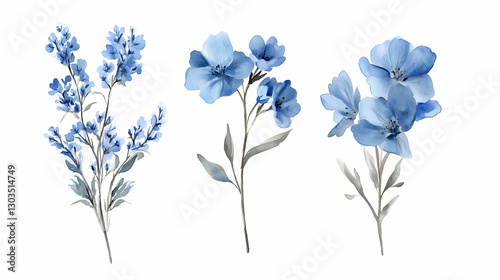 Fototapeta Naklejka Na Ścianę i Meble -  Set of blue watercolor flowers, leaves and twigs on white background. botanical watercolor painting for decorative invitations, posters, or cards. Beauty - Portrait. Illustration