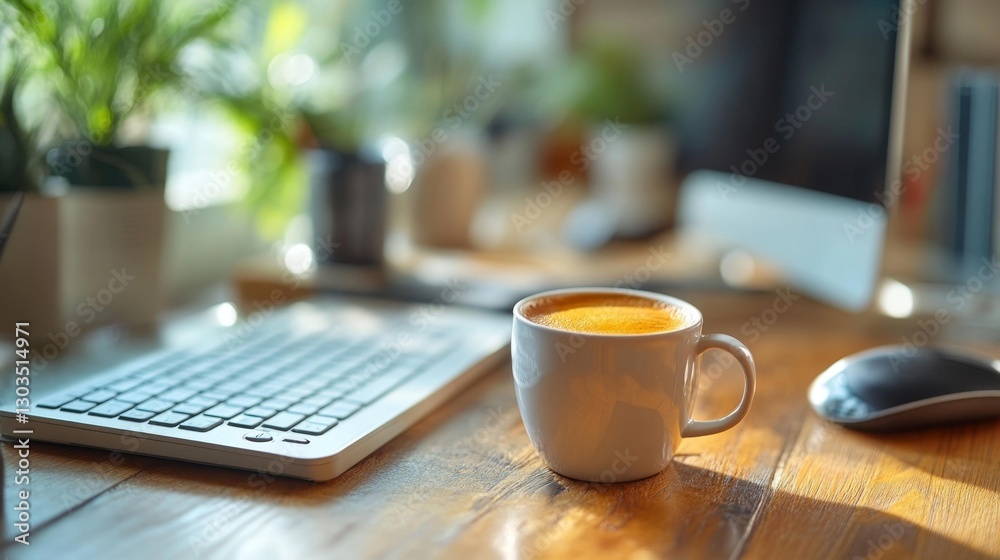 A peaceful workspace with a cup of coffee beside a keyboard and plants in the background ideal for morning productivity. Generative AI A peaceful workspace with a cup of coffee beside a keyboard and plants in the background ideal for morning productivity. Generative AI