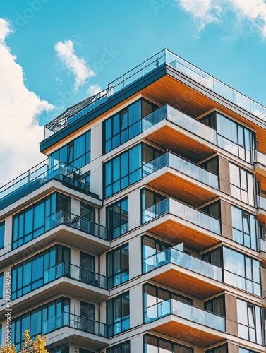 Modern apartment building exterior with panoramic windows and balconies in Scandinavian style under blue sky, showcasing contemporary residential design and urban real estate concept.
