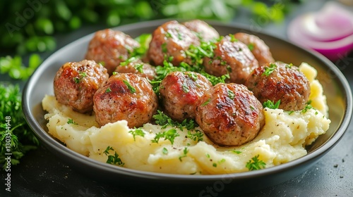 Delicious Meatballs Served on Creamy Mashed Potatoes With Fresh Herbs and Gar...