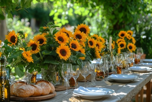 Sunny Outdoor Brunch Setup With Fresh Flowers and Delicious Food