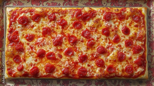 Delicious Rectangular Cheese Pizza Topped With Pepperoni on a Decorative Tray