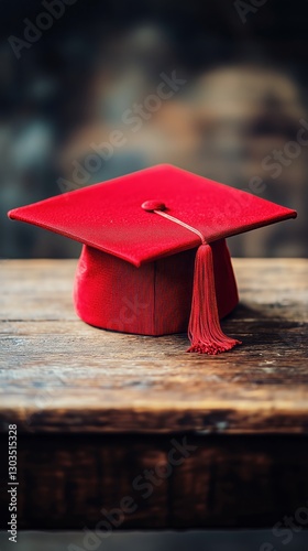 Red Graduation Cap Resting on Wooden Table With Blurred Background