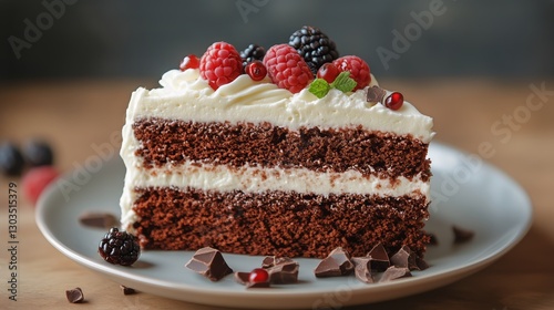 Delicious Chocolate Cake Layered With Cream and Fresh Berries on a Wooden Table