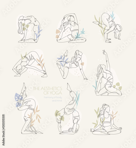 Nine line-art yoga asanas with minimalistic design, each pose detailed with soft tones and floral accents, connection between body, mind and nature, illustrations of young women on beige background