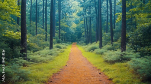 Lush Forest Path Winding Through Tall Pine Trees in Serene Nature