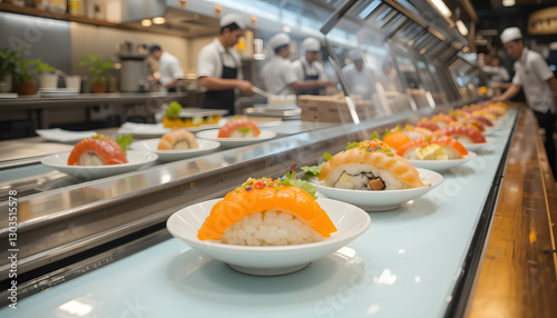 Sushi Display on Conveyor Belt in Modern Kitchen