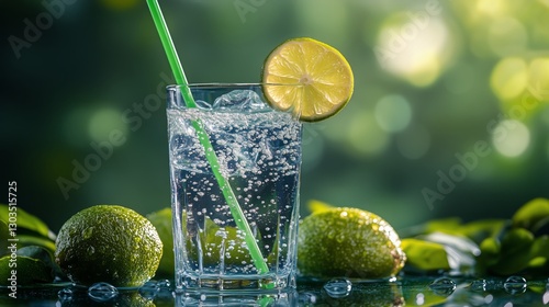 Refreshing Beverage With Lemon Slices in a Glass Against a Simple Green Backg...