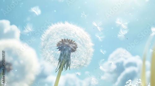 Dandelion seed dispersal in a dreamy sky