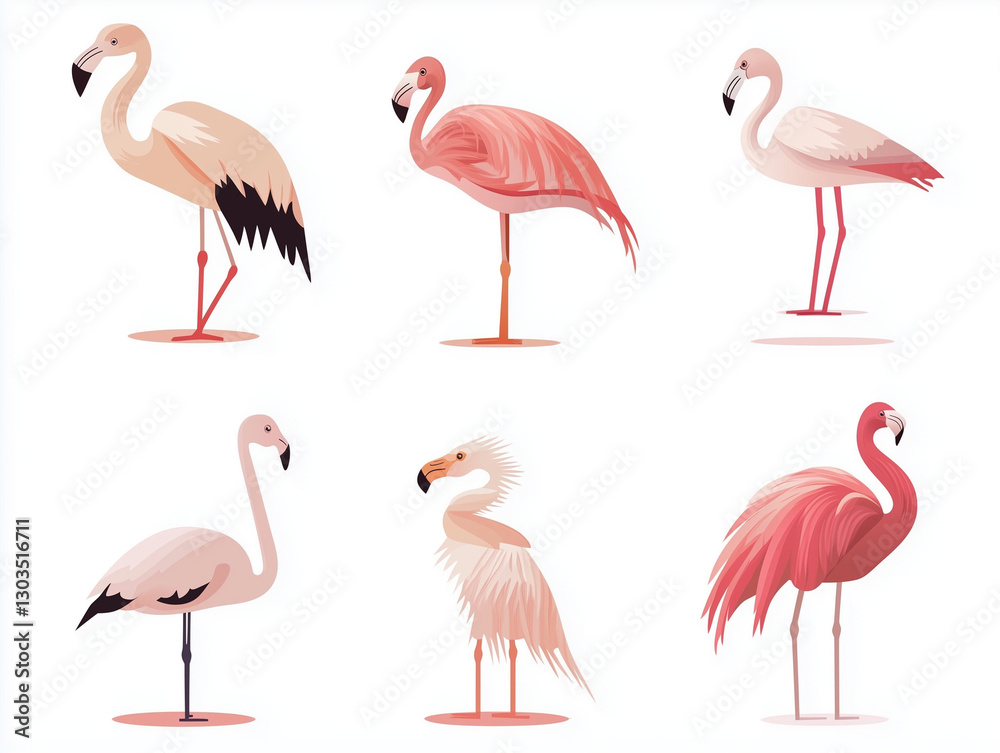 Obraz premium Icônes de flamands roses en flat design sur fond blanc