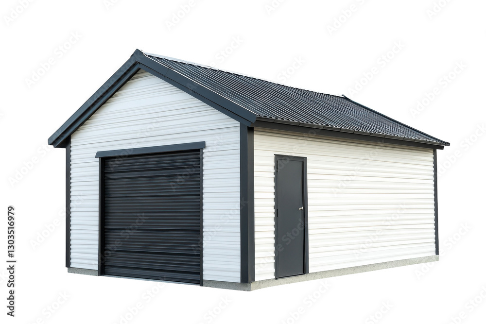 A modern storage shed stands gracefully under bright daylight in a tranquil suburban setting isolated on transparent background A modern storage shed stands gracefully under bright daylight in a tranquil suburban setting isolated on transparent background